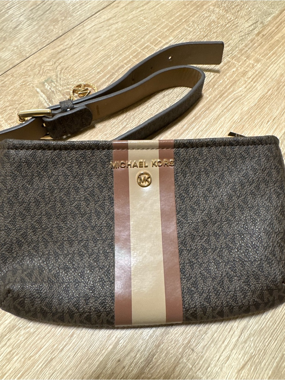 Michael Kors Brown and Cream Signature Stripe Belt Bag